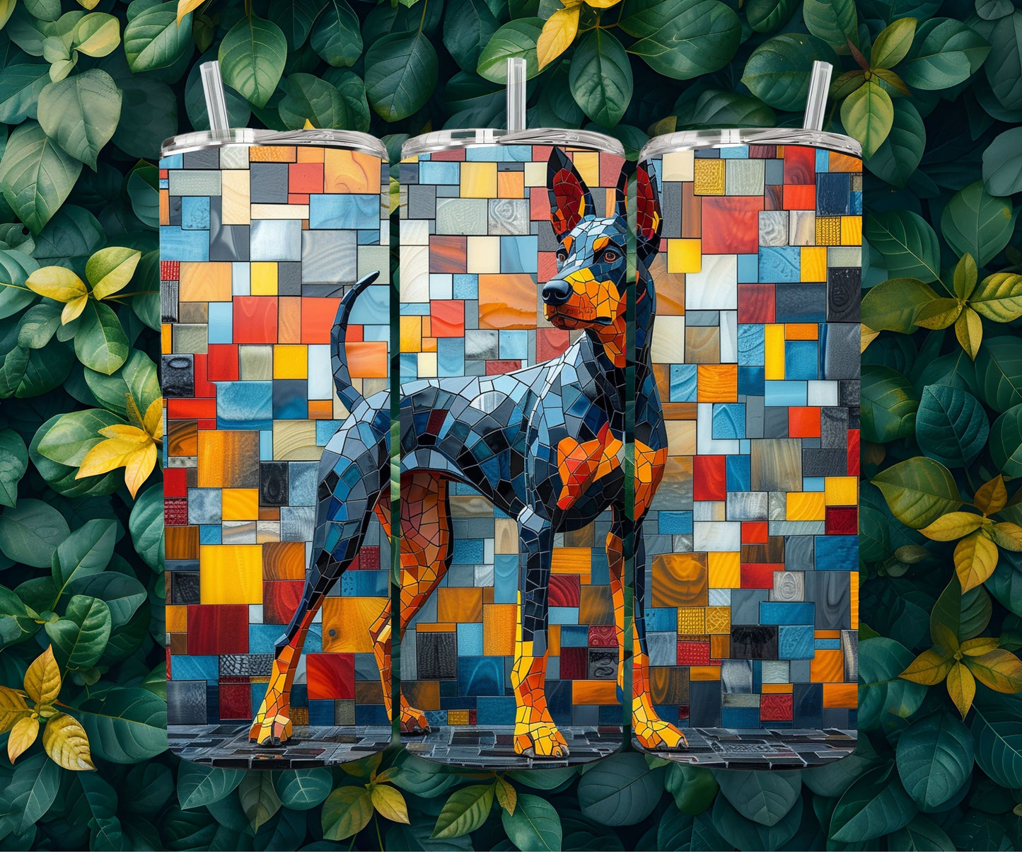 Doberman Tumbler Wrap 20oz Skinny Tumbler , Colorful Museum Quality Doberman Pinscher Art Tumbler Wraps-TE