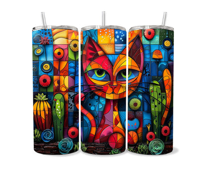 Cat and Cactus Tumbler Wrap 20oz Skinny Tumbler , Colorful Museum Quality Cute Orange Cat Art and Succulent Plant Tumbler Wraps-OM