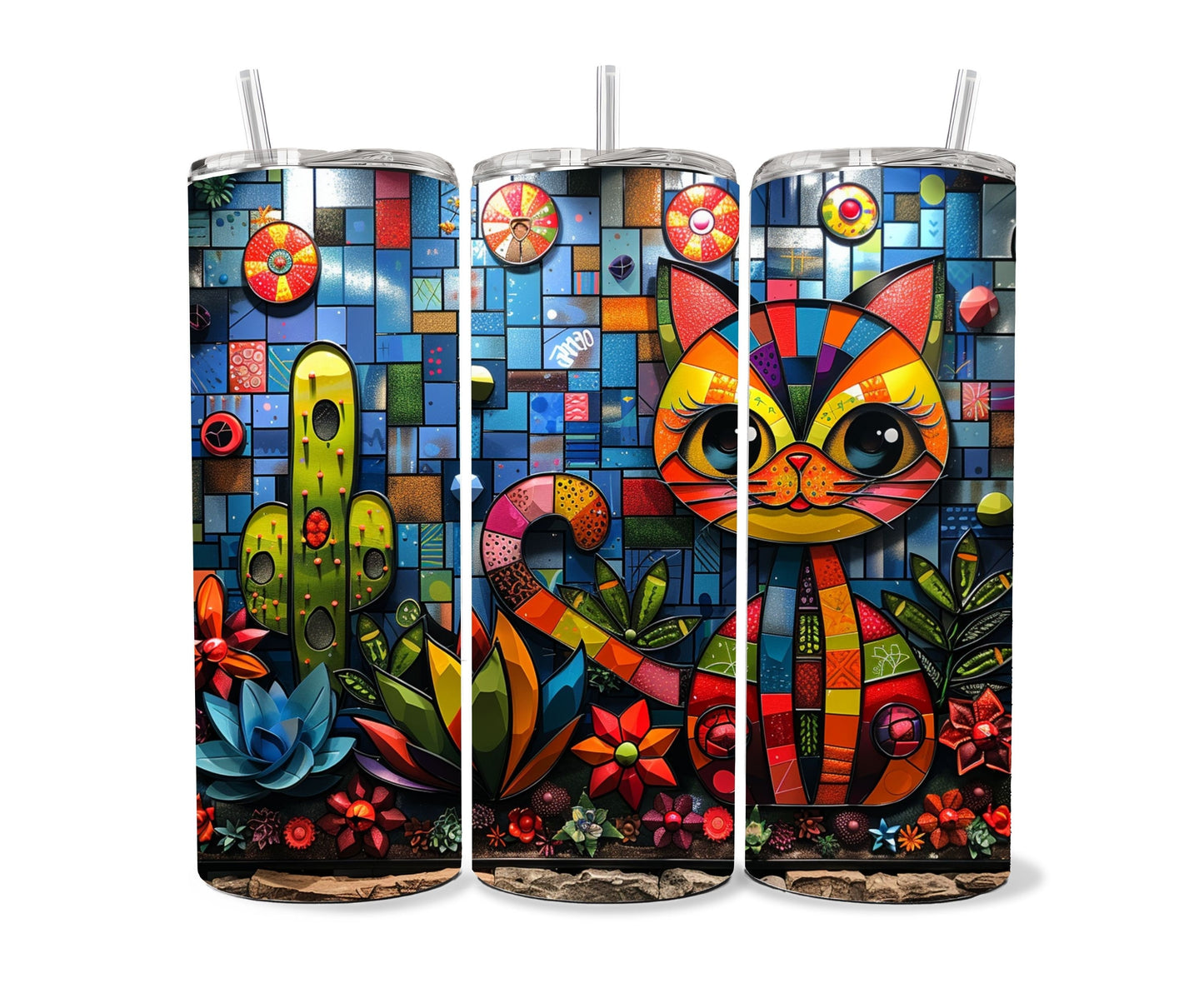 Cat and Cactus Tumbler Wrap 20oz Skinny Tumbler , Colorful Museum Quality Cute Orange Cat Art and Succulent Plant Tumbler Wraps-JR