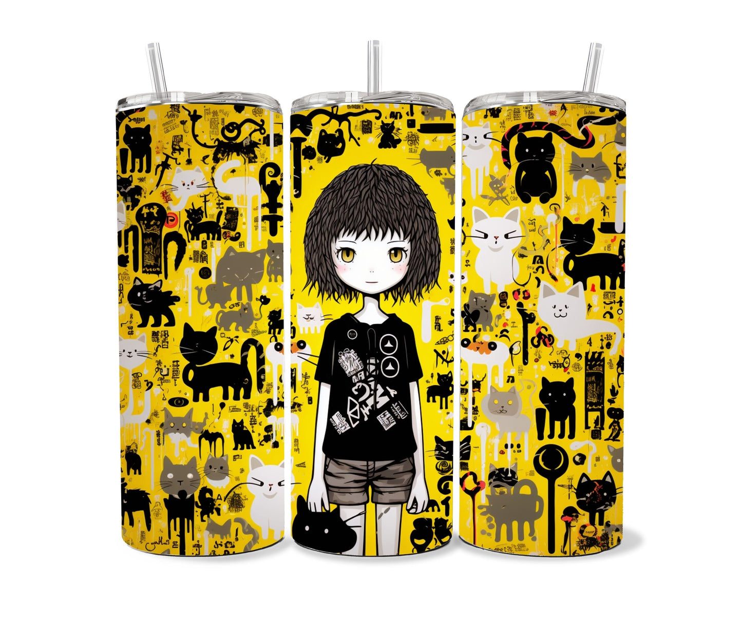 Cats and a Girl Anime Tumbler Wrap 20oz Skinny Tumbler , Colorful Museum Quality Japanese Style Cute Anime Cat Art Tumbler Wraps-VM