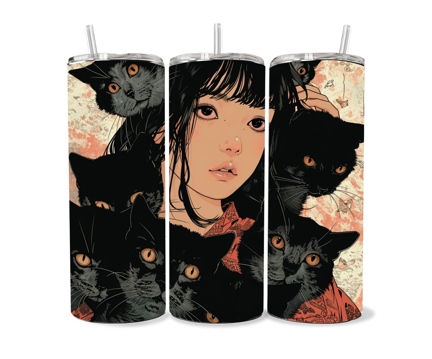 Cats and a Girl Anime Tumbler Wrap 20oz Skinny Tumbler , Colorful Museum Quality Japanese Style Cute Anime Cat Art Tumbler Wraps-KY