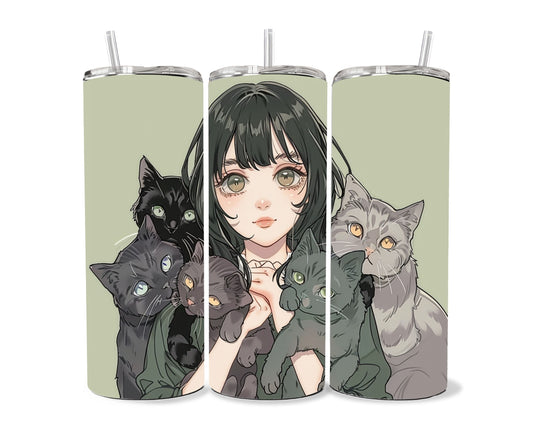 Cats and a Girl Anime Tumbler Wrap 20oz Skinny Tumbler , Colorful Museum Quality Japanese Style Cute Anime Cat Art Tumbler Wraps-ZI