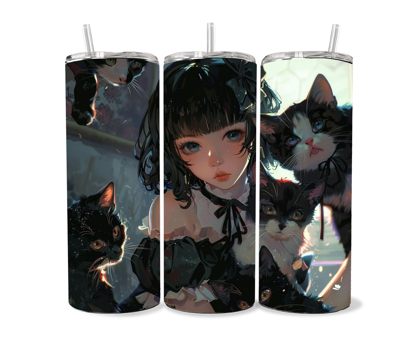 Cats and a Girl Anime Tumbler Wrap 20oz Skinny Tumbler , Colorful Museum Quality Japanese Style Cute Anime Cat Art Tumbler Wraps-EU