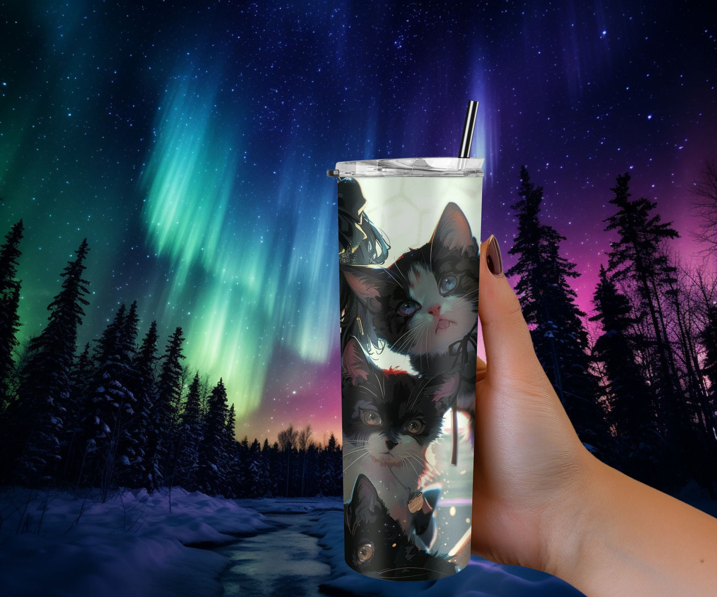 Cats and a Girl Anime Tumbler Wrap 20oz Skinny Tumbler , Colorful Museum Quality Japanese Style Cute Anime Cat Art Tumbler Wraps-EU