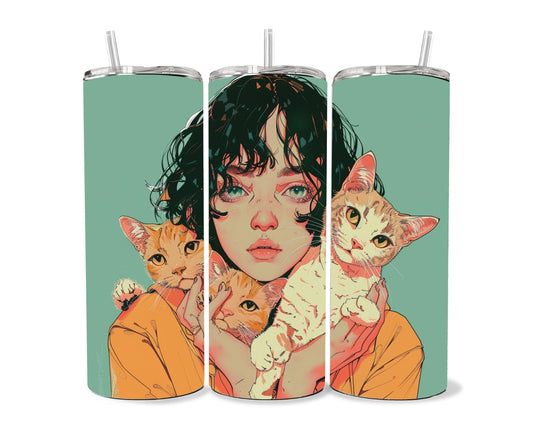 Cats and a Girl Anime Tumbler Wrap 20oz Skinny Tumbler , Colorful Museum Quality Japanese Style Cute Anime Cat Art Tumbler Wraps-KD