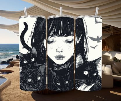 Cats and a Girl Manga Tumbler Wrap 20oz Skinny Tumbler , Colorful Museum Quality Japanese Style Cute Manga Cat Art Tumbler Wraps-LV