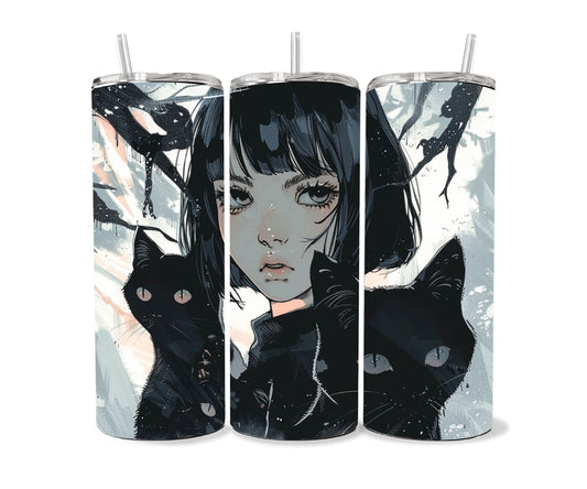 Cats and a Girl Anime Tumbler Wrap 20oz Skinny Tumbler , Colorful Museum Quality Japanese Style Cute Anime Cat Art Tumbler Wraps-MB