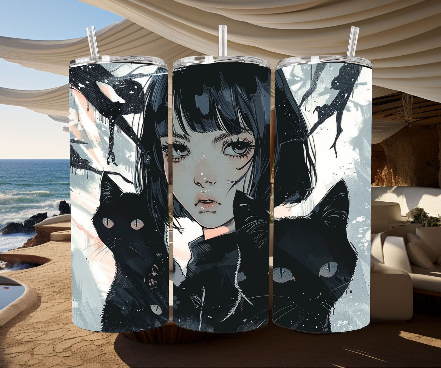 Cats and a Girl Anime Tumbler Wrap 20oz Skinny Tumbler , Colorful Museum Quality Japanese Style Cute Anime Cat Art Tumbler Wraps-MB