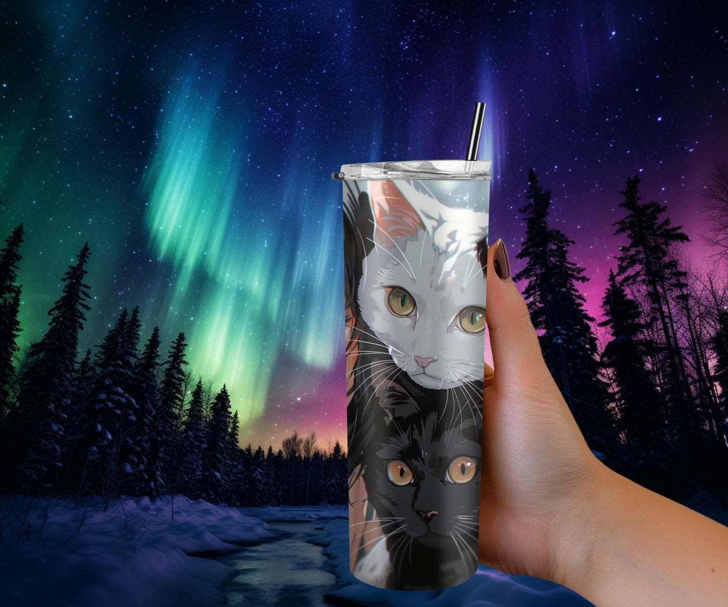 Cats and a Girl Anime Tumbler Wrap 20oz Skinny Tumbler , Colorful Museum Quality Japanese Style Cute Anime Cat Art Tumbler Wraps-JK