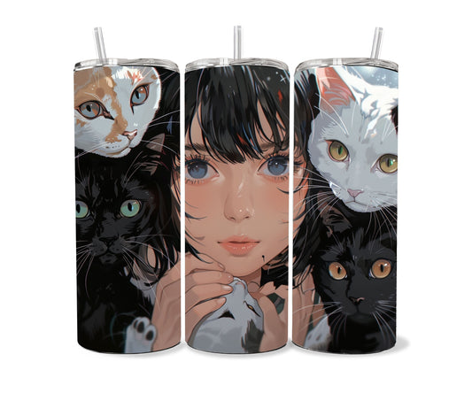 Cats and a Girl Anime Tumbler Wrap 20oz Skinny Tumbler , Colorful Museum Quality Japanese Style Cute Anime Cat Art Tumbler Wraps-JK