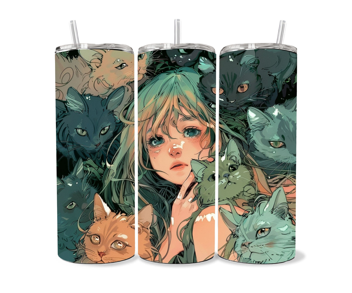 Cats and a Girl Anime Tumbler Wrap 20oz Skinny Tumbler , Colorful Museum Quality Japanese Style Cute Anime Cat Art Tumbler Wraps-UW