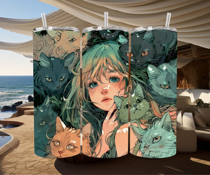 Cats and a Girl Anime Tumbler Wrap 20oz Skinny Tumbler , Colorful Museum Quality Japanese Style Cute Anime Cat Art Tumbler Wraps-UW