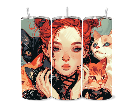 Cats and a Girl Anime Tumbler Wrap 20oz Skinny Tumbler , Colorful Museum Quality Japanese Style Cute Anime Cat Art Tumbler Wraps-SH