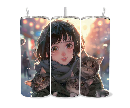 Cats and a Girl Anime Tumbler Wrap 20oz Skinny Tumbler , Colorful Museum Quality Japanese Style Cute Anime Cat Art Tumbler Wraps-WO