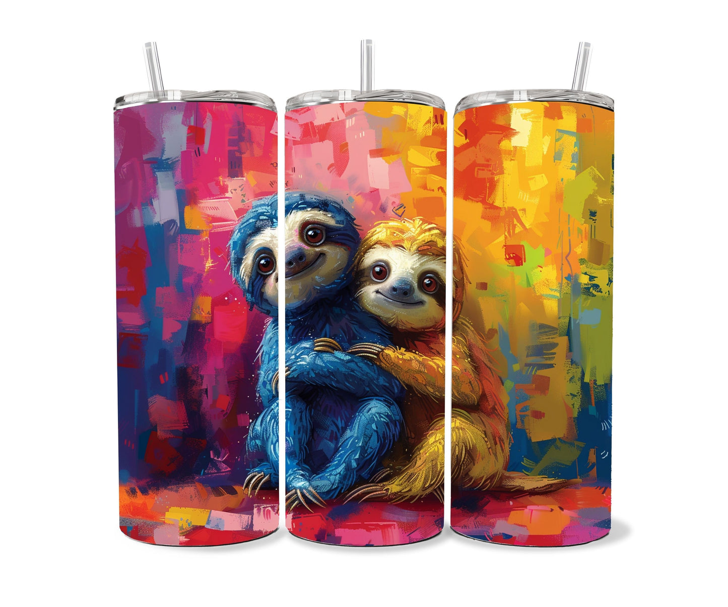 Sloth Tumbler Wrap 20oz Skinny Tumbler , Colorful Museum Quality Cute Sloth Art and Succulent Plant Tumbler Wraps with Two Sloths.-IM