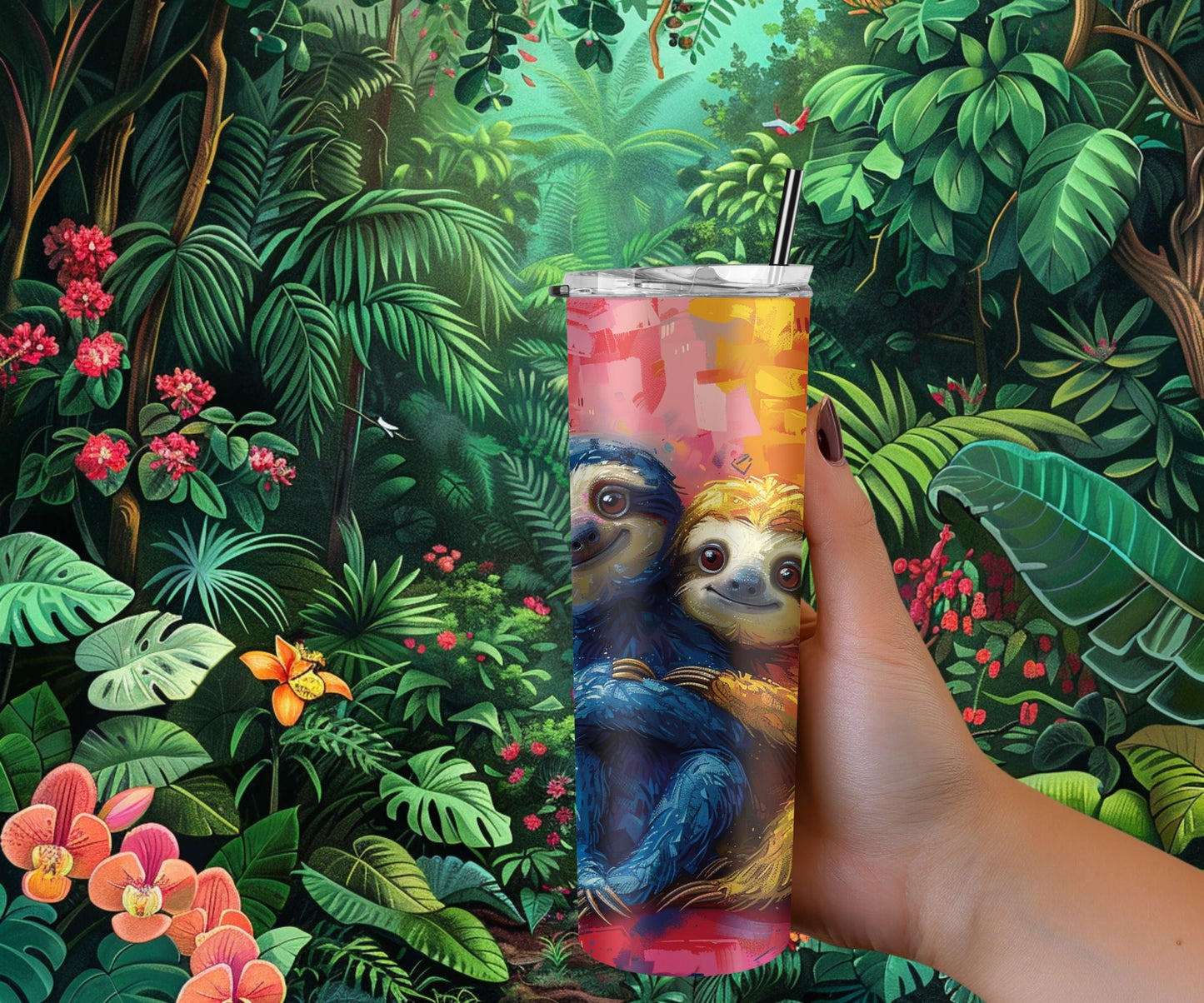 Sloth Tumbler Wrap 20oz Skinny Tumbler , Colorful Museum Quality Cute Sloth Art and Succulent Plant Tumbler Wraps with Two Sloths.-IM