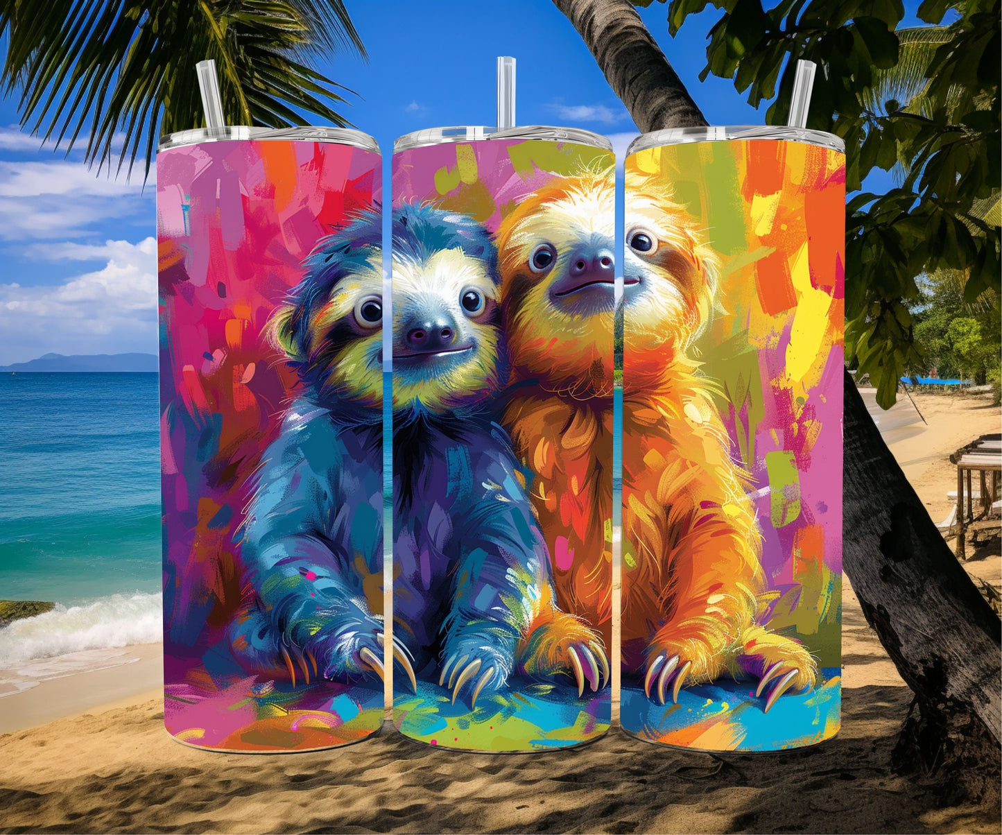 Sloth Tumbler Wrap 20oz Skinny Tumbler , Colorful Museum Quality Cute Sloth Art and Succulent Plant Tumbler Wraps with Two Sloths.-OP