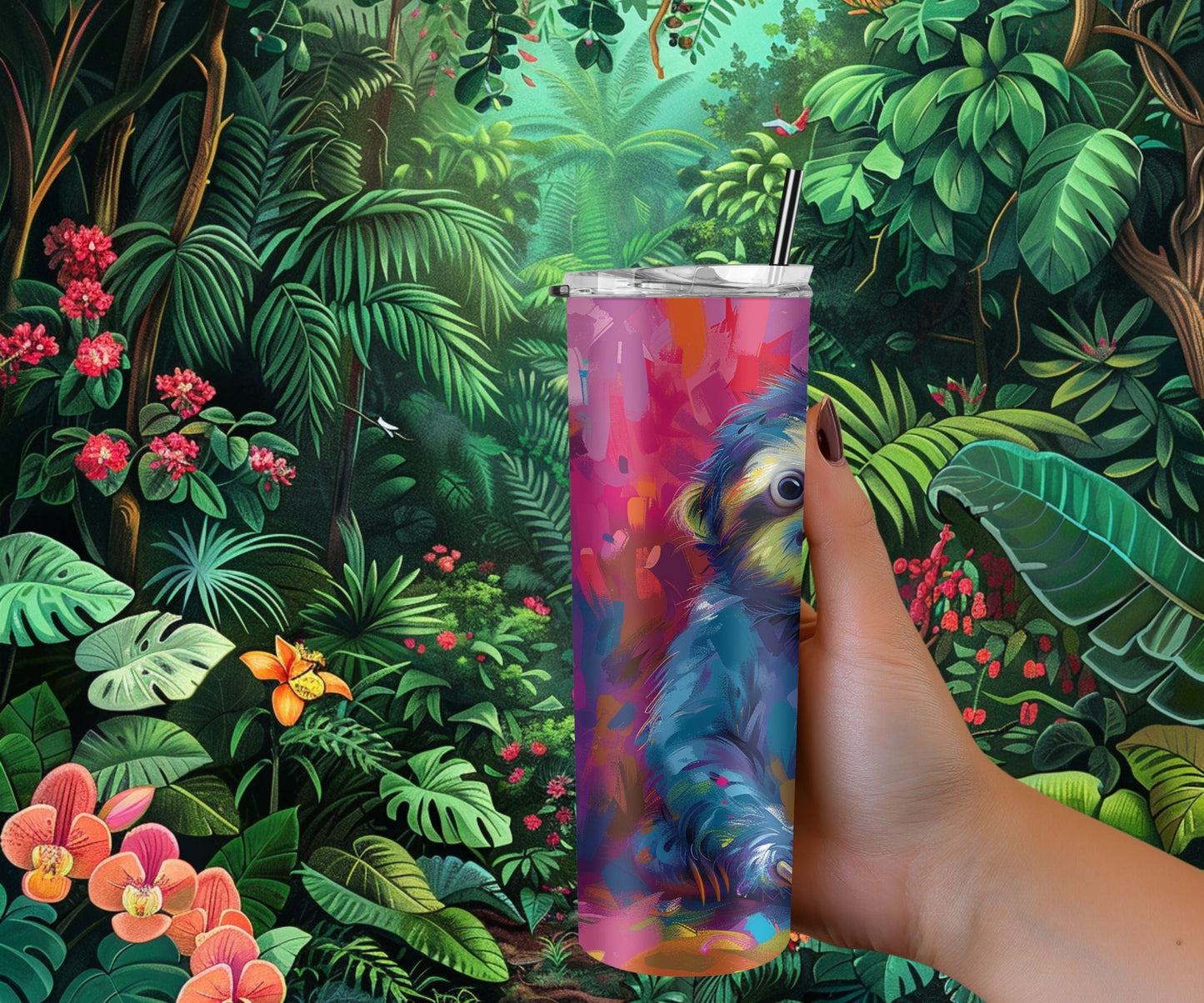 Sloth Tumbler Wrap 20oz Skinny Tumbler , Colorful Museum Quality Cute Sloth Art and Succulent Plant Tumbler Wraps with Two Sloths.-OP