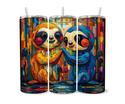 Sloth Tumbler Wrap 20oz Skinny Tumbler , Colorful Museum Quality Cute Sloth Art and Succulent Plant Tumbler Wraps with Two Sloths.-SY