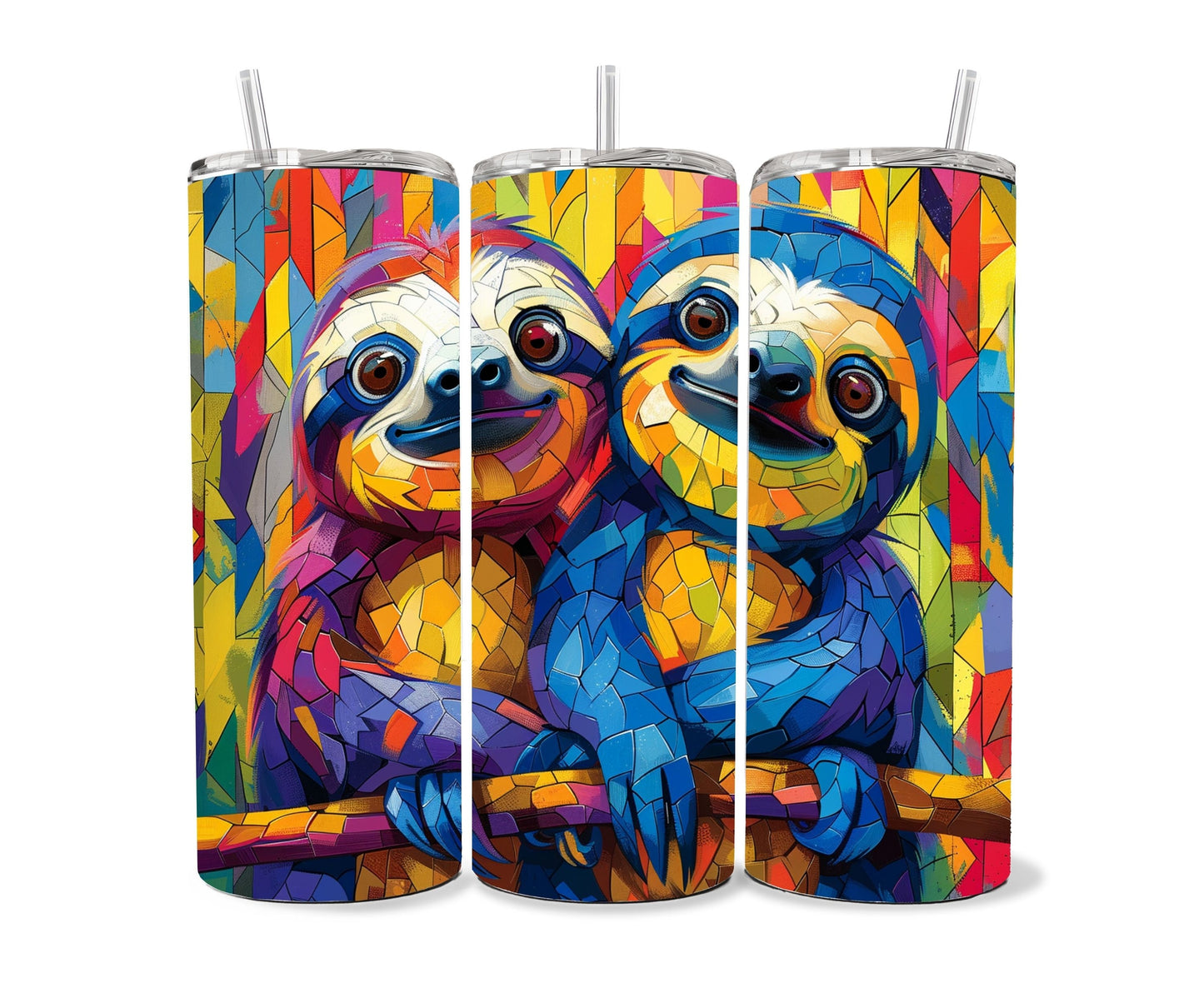 Sloth Tumbler Wrap 20oz Skinny Tumbler , Colorful Museum Quality Cute Sloth Art and Succulent Plant Tumbler Wraps with Two Sloths.-WI