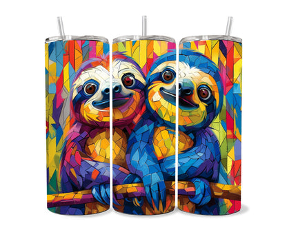 Sloth Tumbler Wrap 20oz Skinny Tumbler , Colorful Museum Quality Cute Sloth Art and Succulent Plant Tumbler Wraps with Two Sloths.-WI