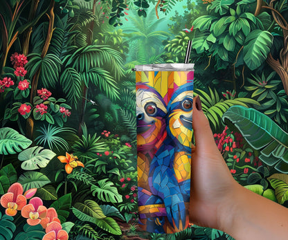 Sloth Tumbler Wrap 20oz Skinny Tumbler , Colorful Museum Quality Cute Sloth Art and Succulent Plant Tumbler Wraps with Two Sloths.-WI