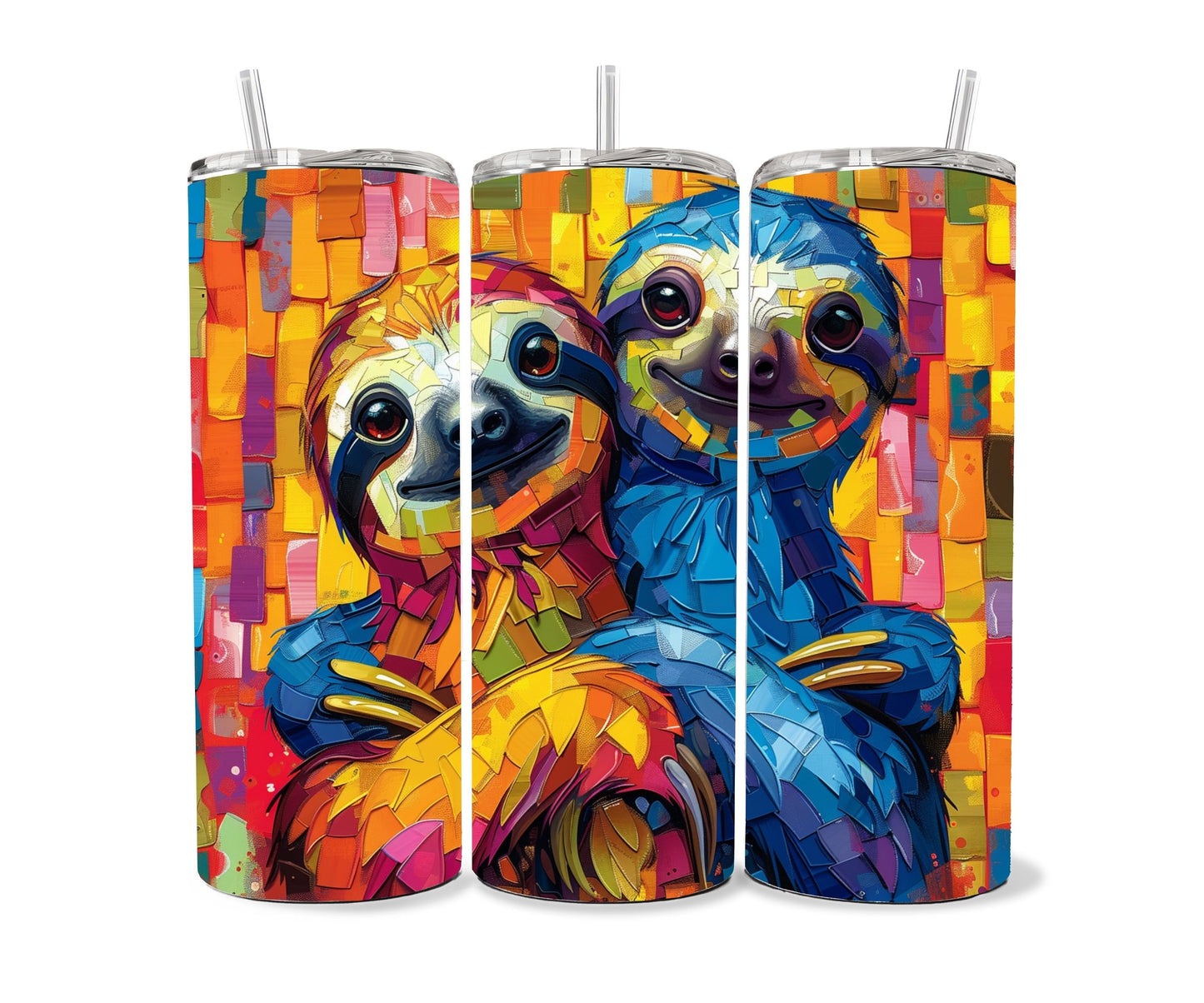 Sloth Tumbler Wrap 20oz Skinny Tumbler , Colorful Museum Quality Cute Sloth Art and Succulent Plant Tumbler Wraps with Two Sloths.-MY