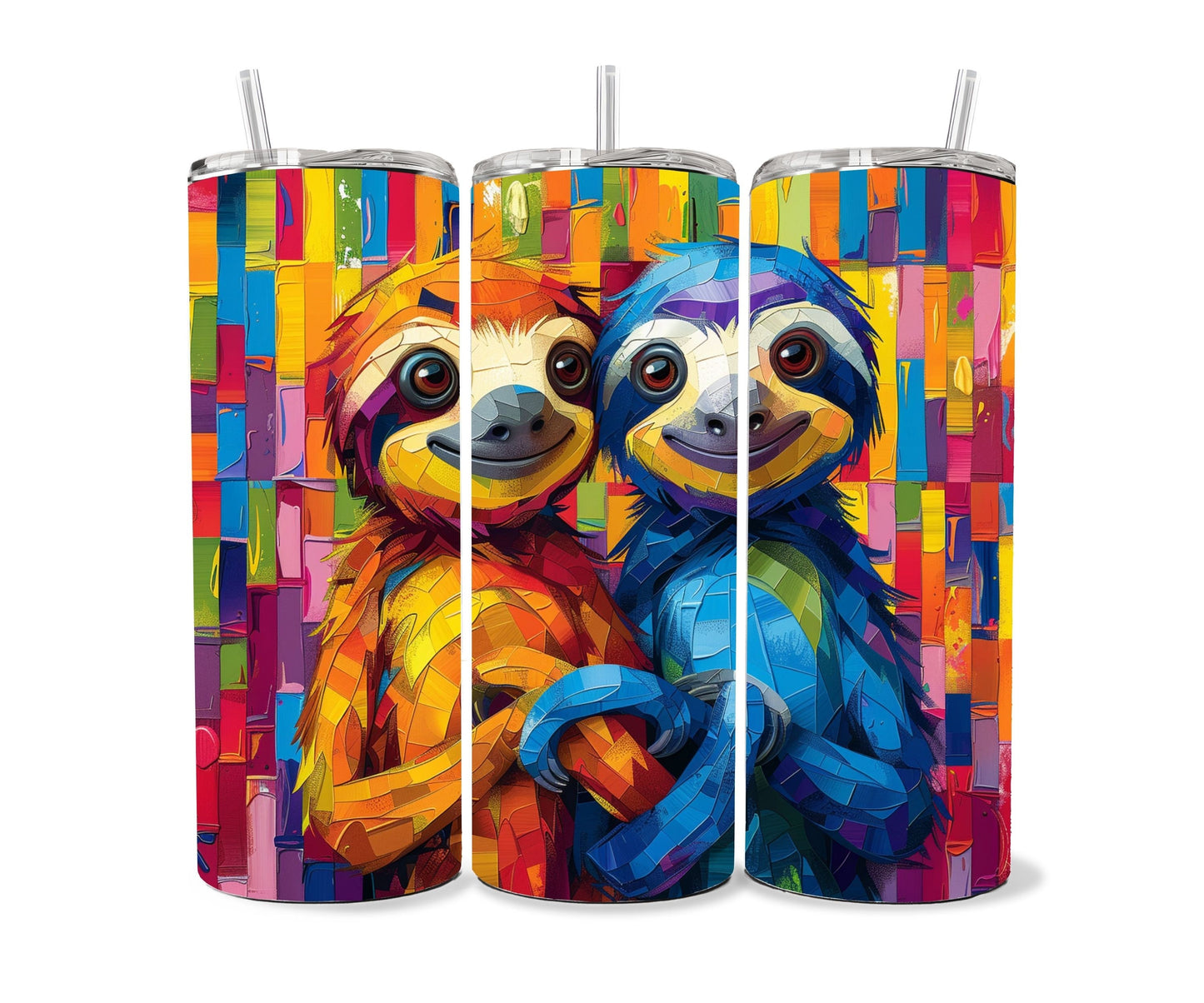 Sloth Tumbler Wrap 20oz Skinny Tumbler , Colorful Museum Quality Cute Sloth Art and Succulent Plant Tumbler Wraps with Two Sloths.-LP