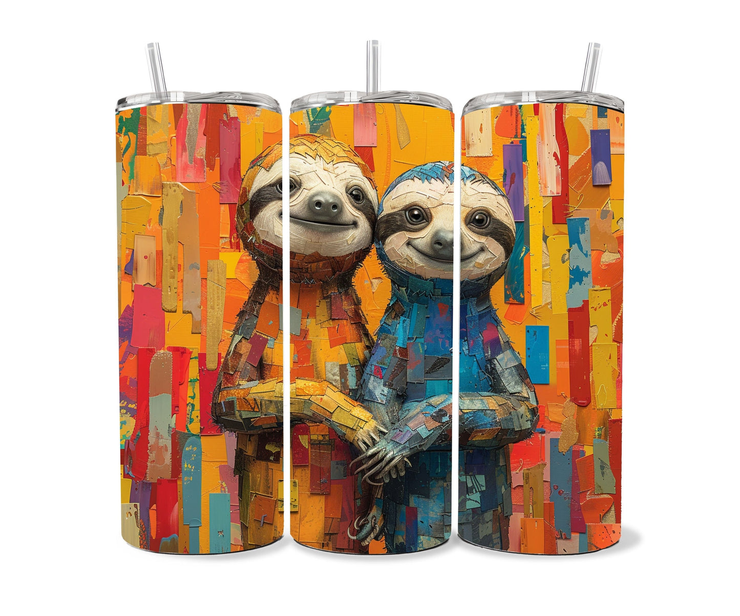 Sloth Tumbler Wrap 20oz Skinny Tumbler , Colorful Museum Quality Cute Sloth Art and Succulent Plant Tumbler Wraps with Two Sloths.-WY