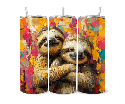 Sloth Tumbler Wrap 20oz Skinny Tumbler , Colorful Museum Quality Cute Sloth Art and Succulent Plant Tumbler Wraps with Two Sloths.-DM