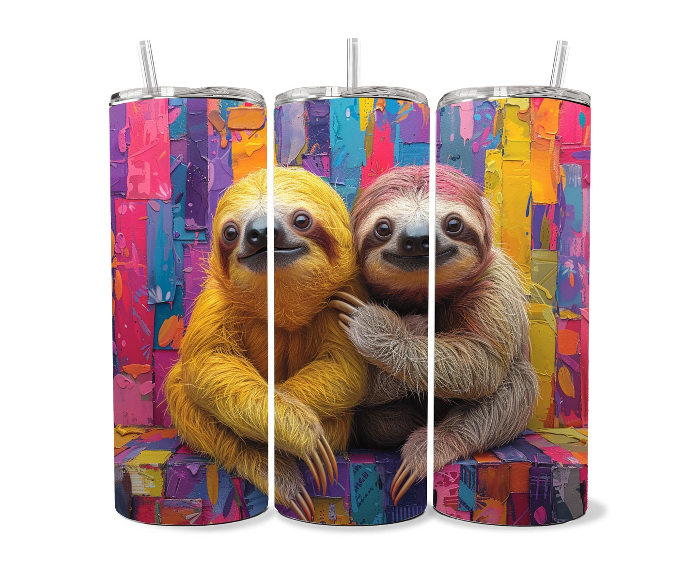 Sloth Tumbler Wrap 20oz Skinny Tumbler , Colorful Museum Quality Cute Sloth Art and Succulent Plant Tumbler Wraps with Two Sloths.-TH