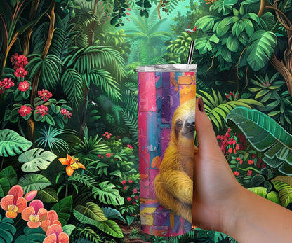 Sloth Tumbler Wrap 20oz Skinny Tumbler , Colorful Museum Quality Cute Sloth Art and Succulent Plant Tumbler Wraps with Two Sloths.-TH