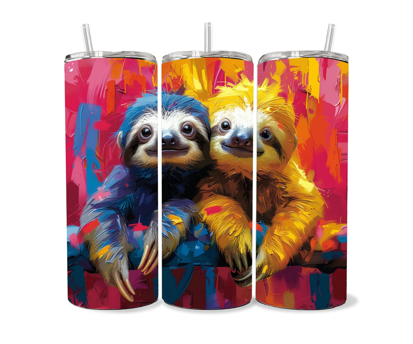 Sloth Tumbler Wrap 20oz Skinny Tumbler , Colorful Museum Quality Cute Sloth Art and Succulent Plant Tumbler Wraps with Two Sloths.-CA