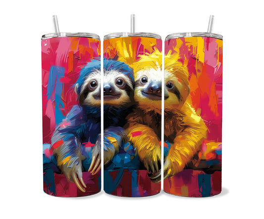 Sloth Tumbler Wrap 20oz Skinny Tumbler , Colorful Museum Quality Cute Sloth Art and Succulent Plant Tumbler Wraps with Two Sloths.-CA