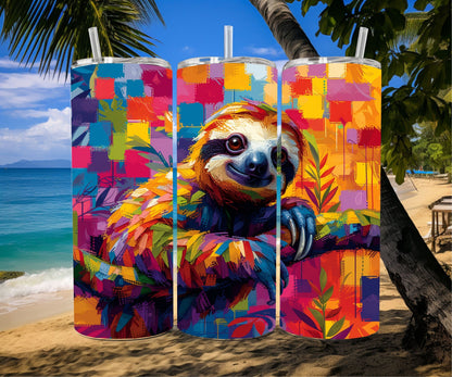 Sloth Tumbler Wrap 20oz Skinny Tumbler , Colorful Museum Quality Cute Sloth Art  Tumbler Wraps with Adorable Sloths.-FV