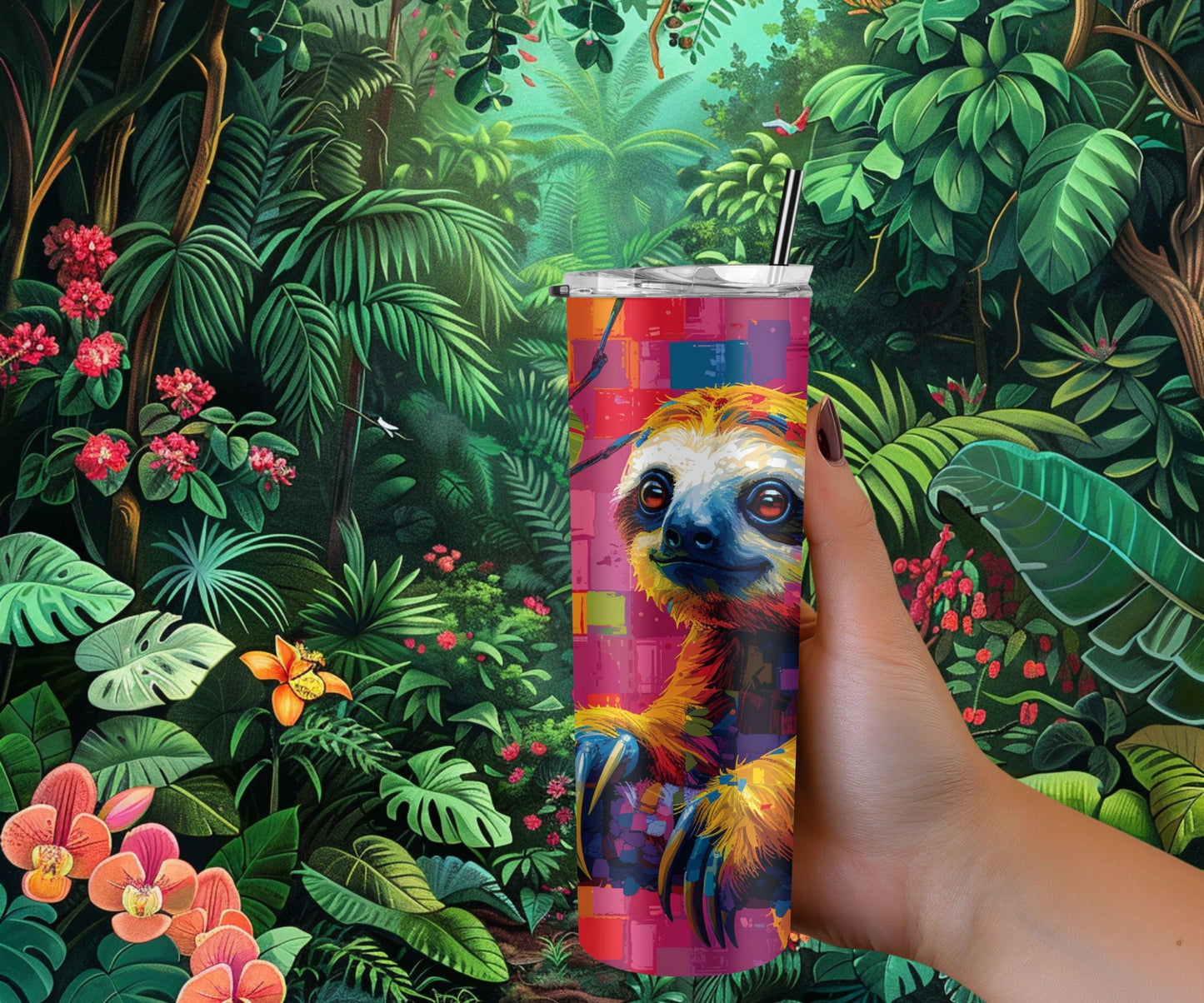 Sloth Tumbler Wrap 20oz Skinny Tumbler , Colorful Museum Quality Cute Sloth Art  Tumbler Wraps with Adorable Sloths.-CP