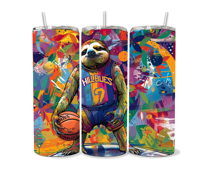 Sloth Tumbler Wrap 20oz Skinny Tumbler , Colorful Museum Quality Cute Sloth Art  Tumbler Wraps with Adorable Basketball Playing Sloths.-NJ