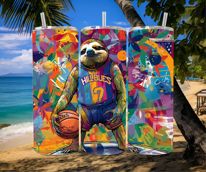 Sloth Tumbler Wrap 20oz Skinny Tumbler , Colorful Museum Quality Cute Sloth Art  Tumbler Wraps with Adorable Basketball Playing Sloths.-NJ