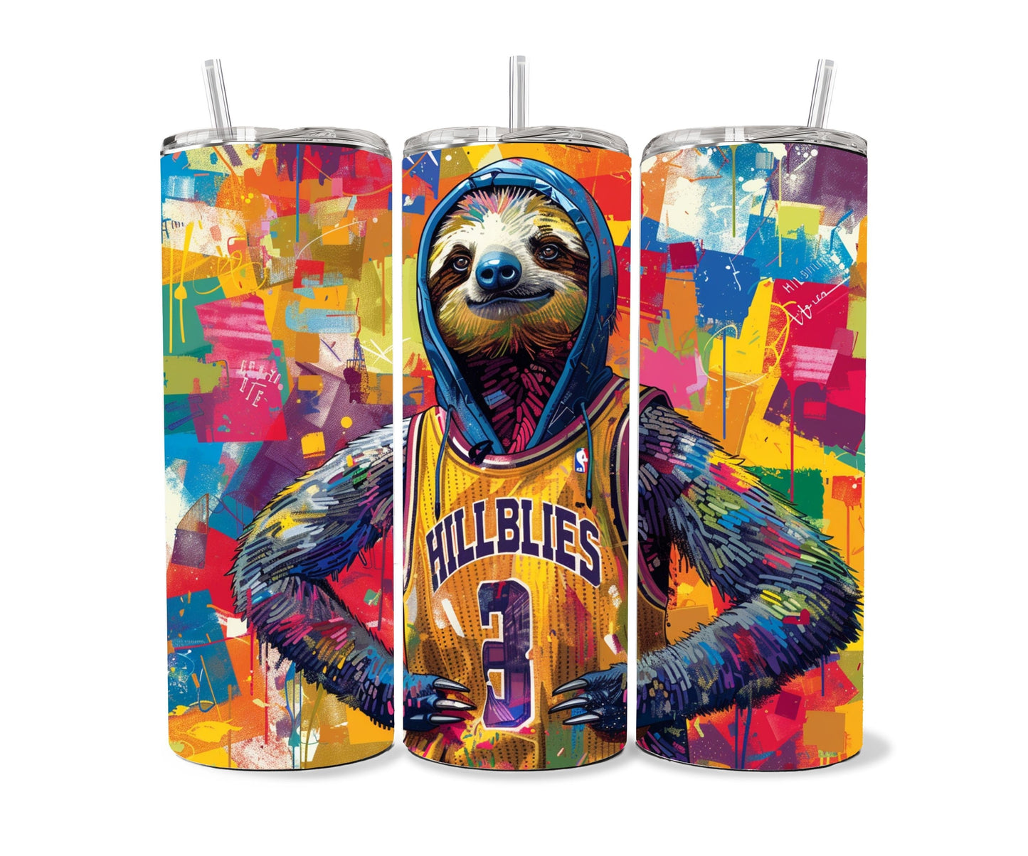 Sloth Tumbler Wrap 20oz Skinny Tumbler , Colorful Museum Quality Cute Sloth Art  Tumbler Wraps with Adorable Basketball Playing Sloths.-II