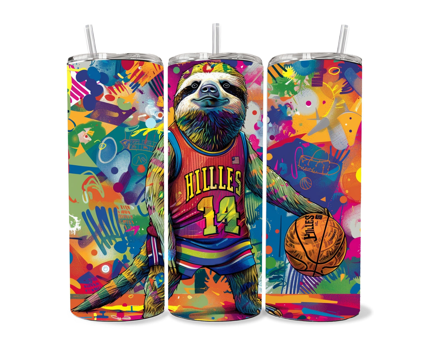 Sloth Tumbler Wrap 20oz Skinny Tumbler , Colorful Museum Quality Cute Sloth Art  Tumbler Wraps with Adorable Basketball Playing Sloths.-SF