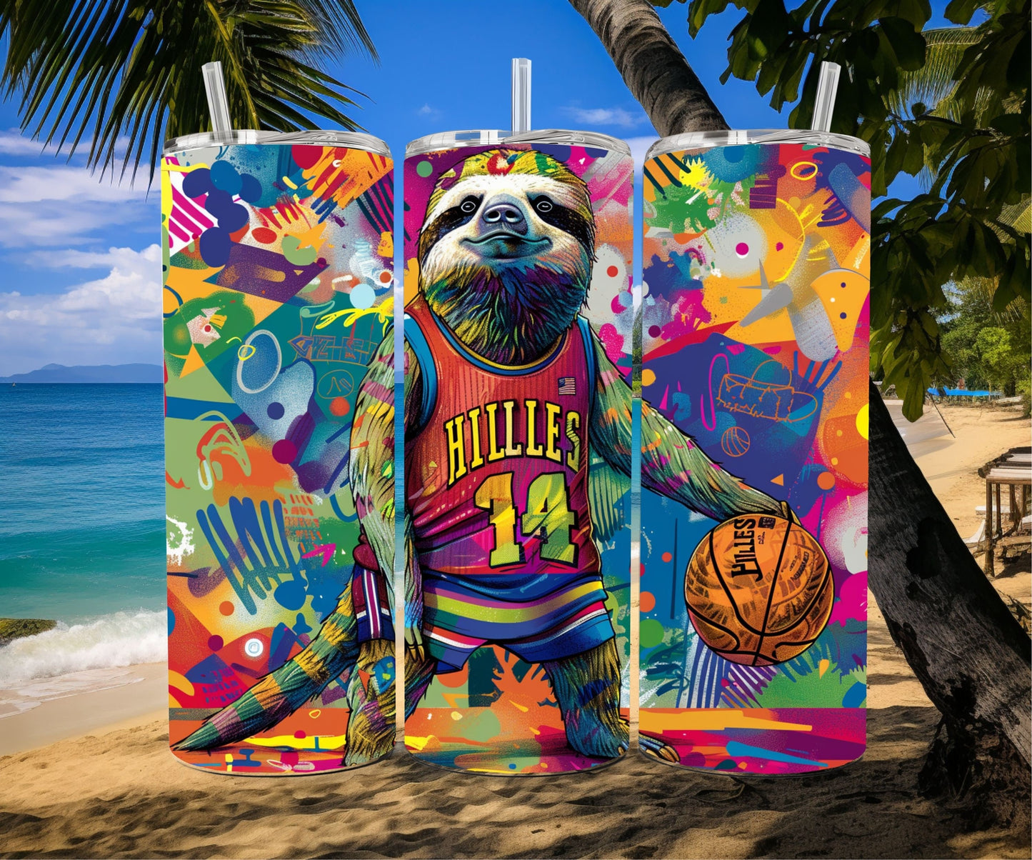 Sloth Tumbler Wrap 20oz Skinny Tumbler , Colorful Museum Quality Cute Sloth Art  Tumbler Wraps with Adorable Basketball Playing Sloths.-SF