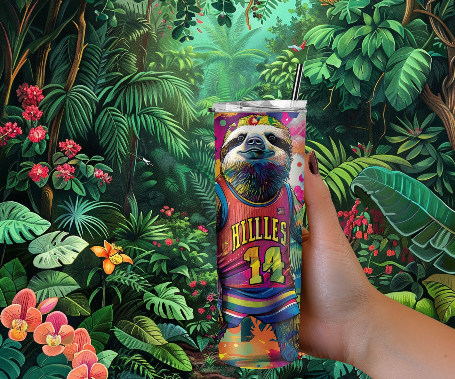 Sloth Tumbler Wrap 20oz Skinny Tumbler , Colorful Museum Quality Cute Sloth Art  Tumbler Wraps with Adorable Basketball Playing Sloths.-SF