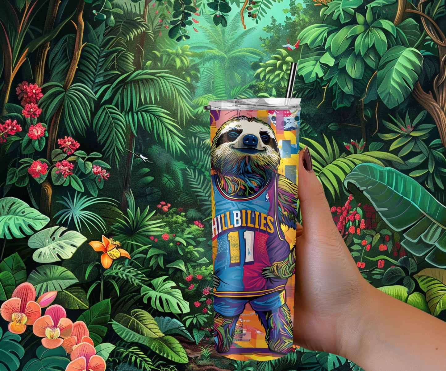 Sloth Tumbler Wrap 20oz Skinny Tumbler , Colorful Museum Quality Cute Sloth Art  Tumbler Wraps with Adorable Basketball Playing Sloths.-GF