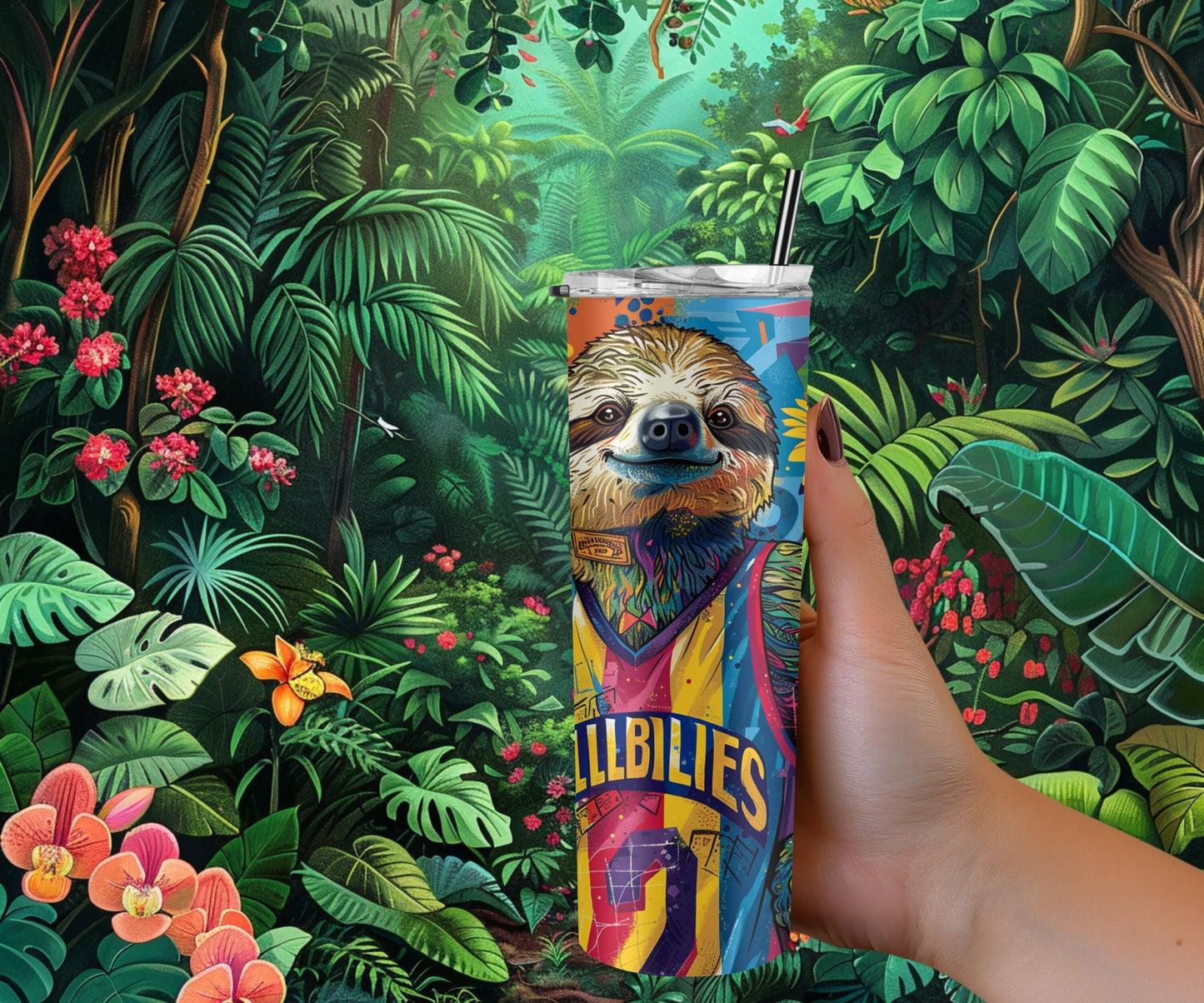 Sloth Tumbler Wrap 20oz Skinny Tumbler , Colorful Museum Quality Cute Sloth Art  Tumbler Wraps with Adorable Basketball Playing Sloths.-RZ