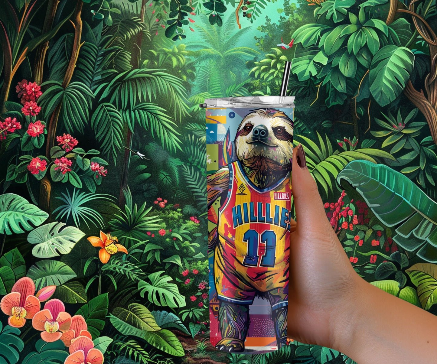 Sloth Tumbler Wrap 20oz Skinny Tumbler , Colorful Museum Quality Cute Sloth Art  Tumbler Wraps with Adorable Basketball Playing Sloths.-LW