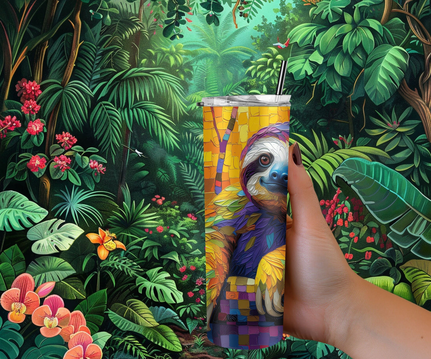 Sloth Tumbler Wrap 20oz Skinny Tumbler , Colorful Museum Quality Cute Sloth Art  Tumbler Wraps with Adorable Playful Sloths.-QS