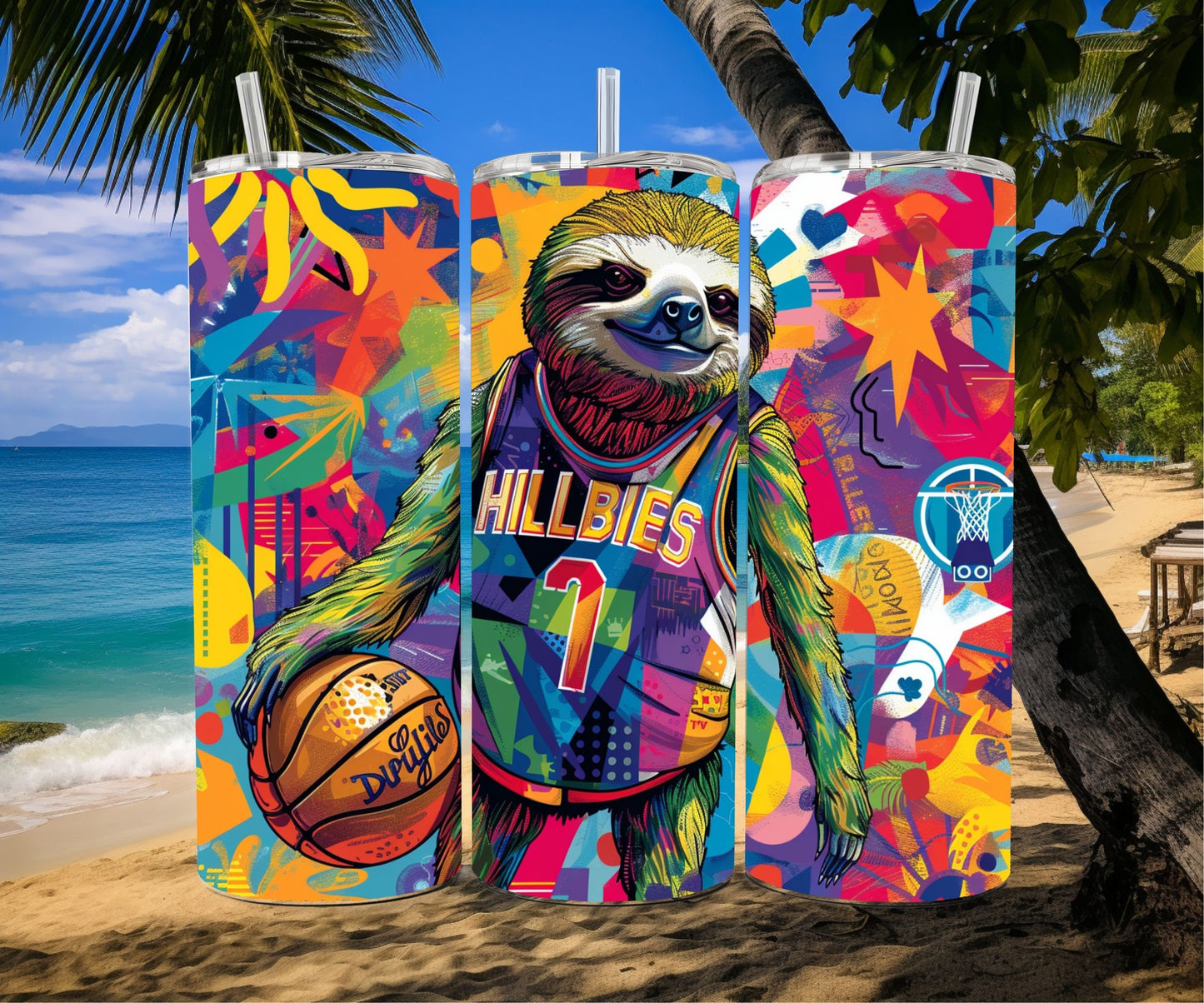 Sloth Tumbler Wrap 20oz Skinny Tumbler , Colorful Museum Quality Cute Sloth Art  Tumbler Wraps with Adorable Basketball Playing Sloths.-JH