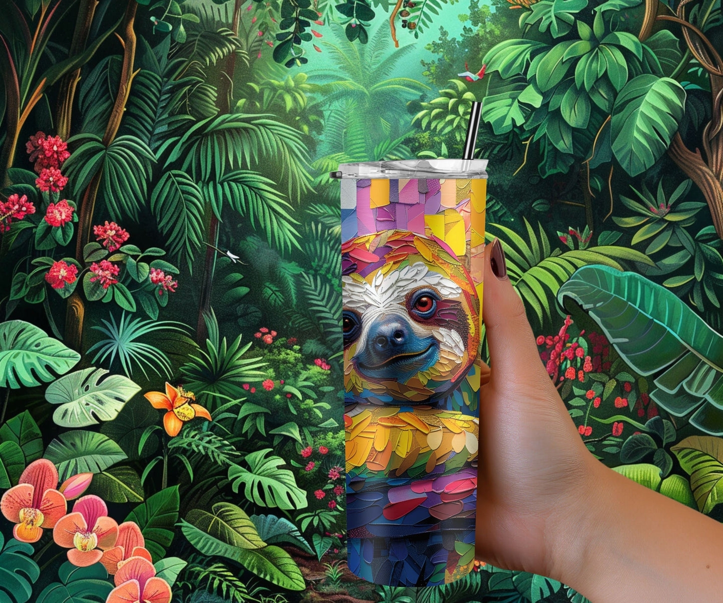 Sloth Tumbler Wrap 20oz Skinny Tumbler , Colorful Museum Quality Cute Sloth Art  Tumbler Wraps with Adorable Playful Sloths.-FR