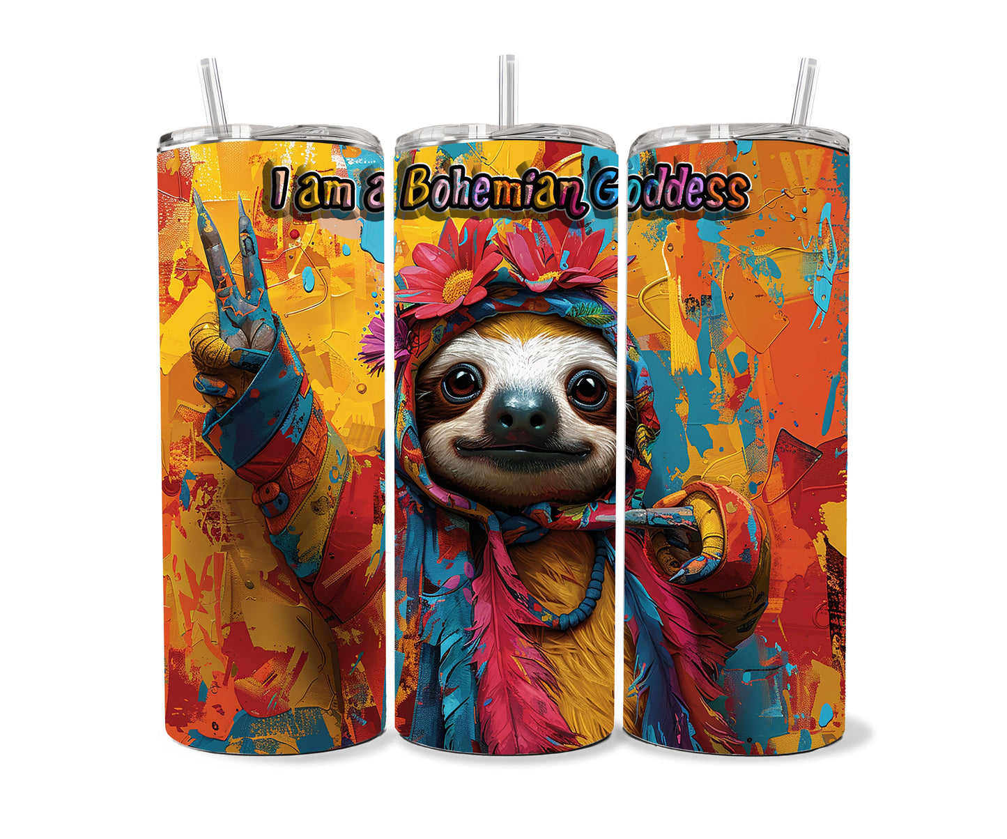 Boho Sloth Tumbler Wrap 20oz Skinny Tumbler , Colorful Museum Quality Cute Sloth Art  Tumbler Wraps with Adorable Bohemian Goddess.-NG