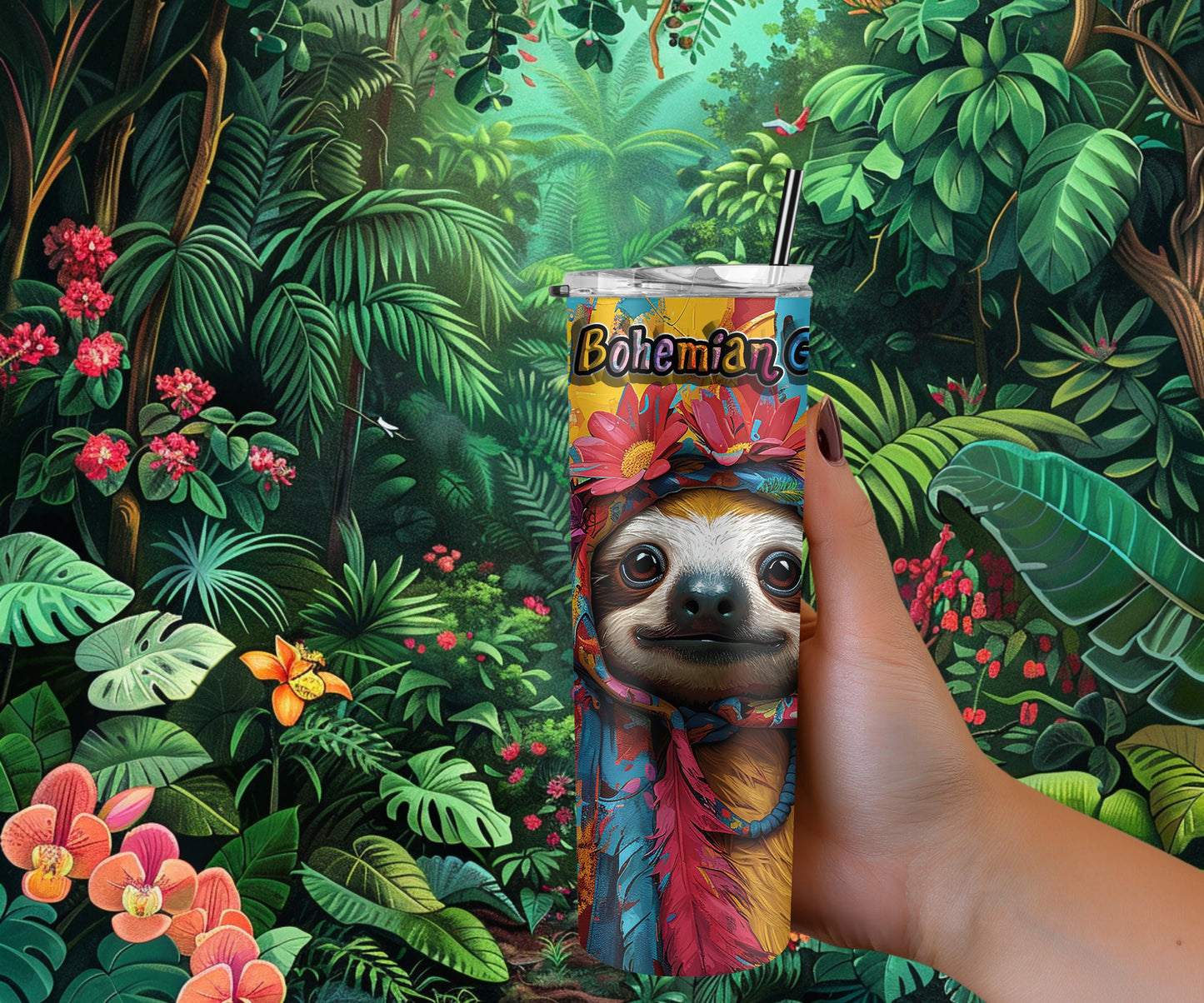 Boho Sloth Tumbler Wrap 20oz Skinny Tumbler , Colorful Museum Quality Cute Sloth Art  Tumbler Wraps with Adorable Bohemian Goddess.-NG